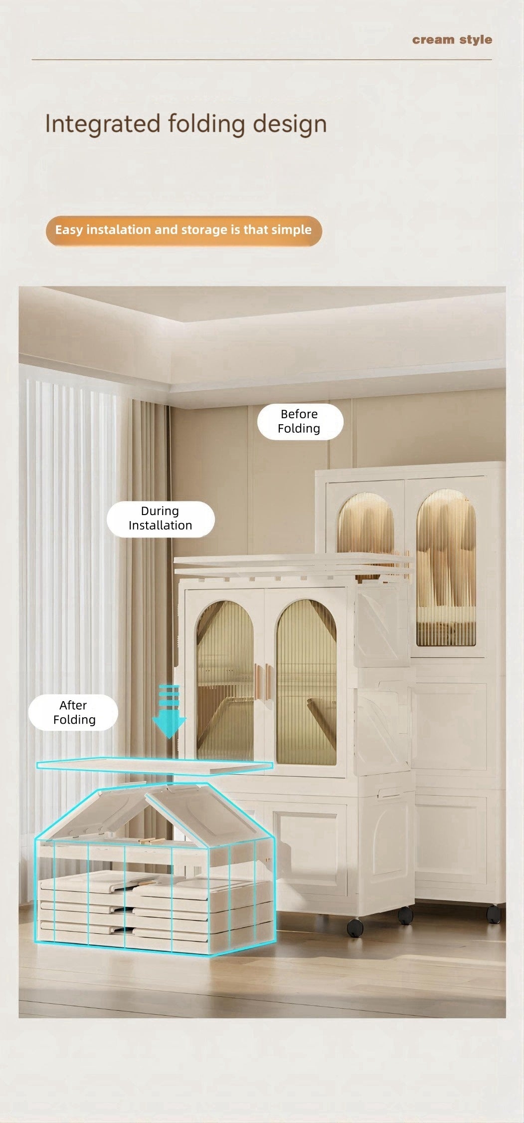 25.59" Side Wide Folding Wardrobe , 25.59"×15.75"×57.09",  with Magnetic Door, Plastic Storage Cabinet with Wheels( one layer of wardrobe + two layers of  folding boxes+10 hangers )