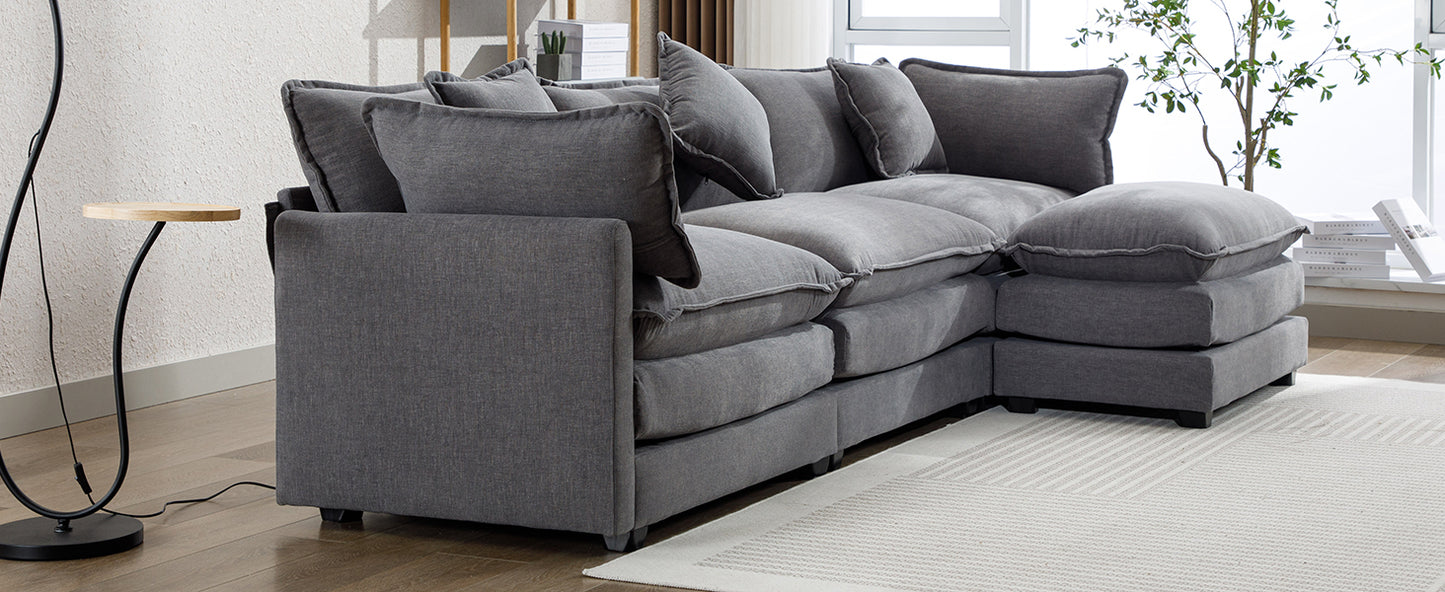 112.2" L-Shape Chenille Upholstered Sofa for Living Room Modern Luxury Sofa Couch with Ottoman, 5 Pillows, Gray