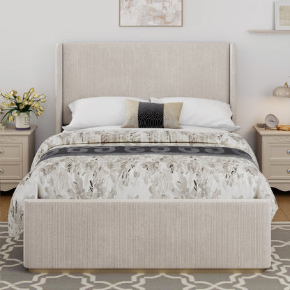 King Size Corduroy Upholstered Bed Frame with Vertical Stripe Wingback Headboard and High Footboard, Light Grey