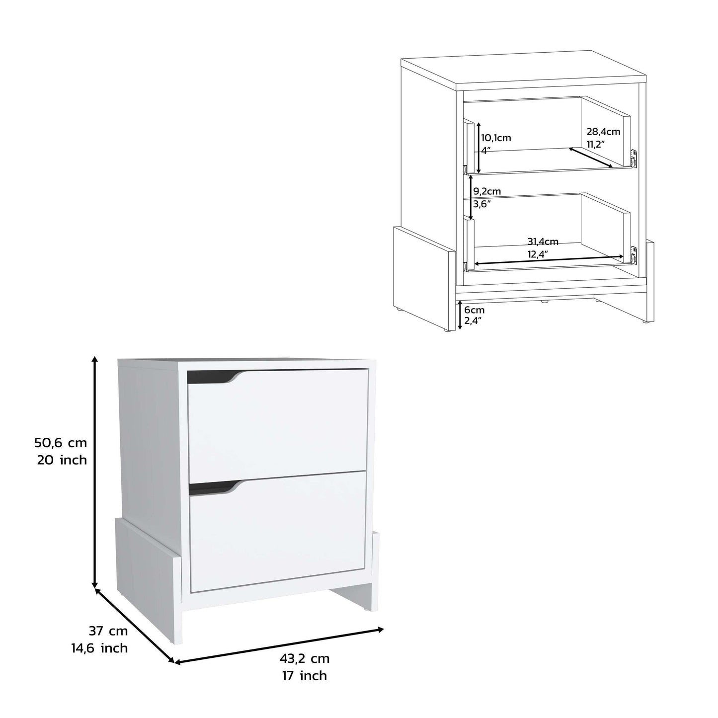 Nightstand with 2-Drawers, End Table with Sturdy Base, White