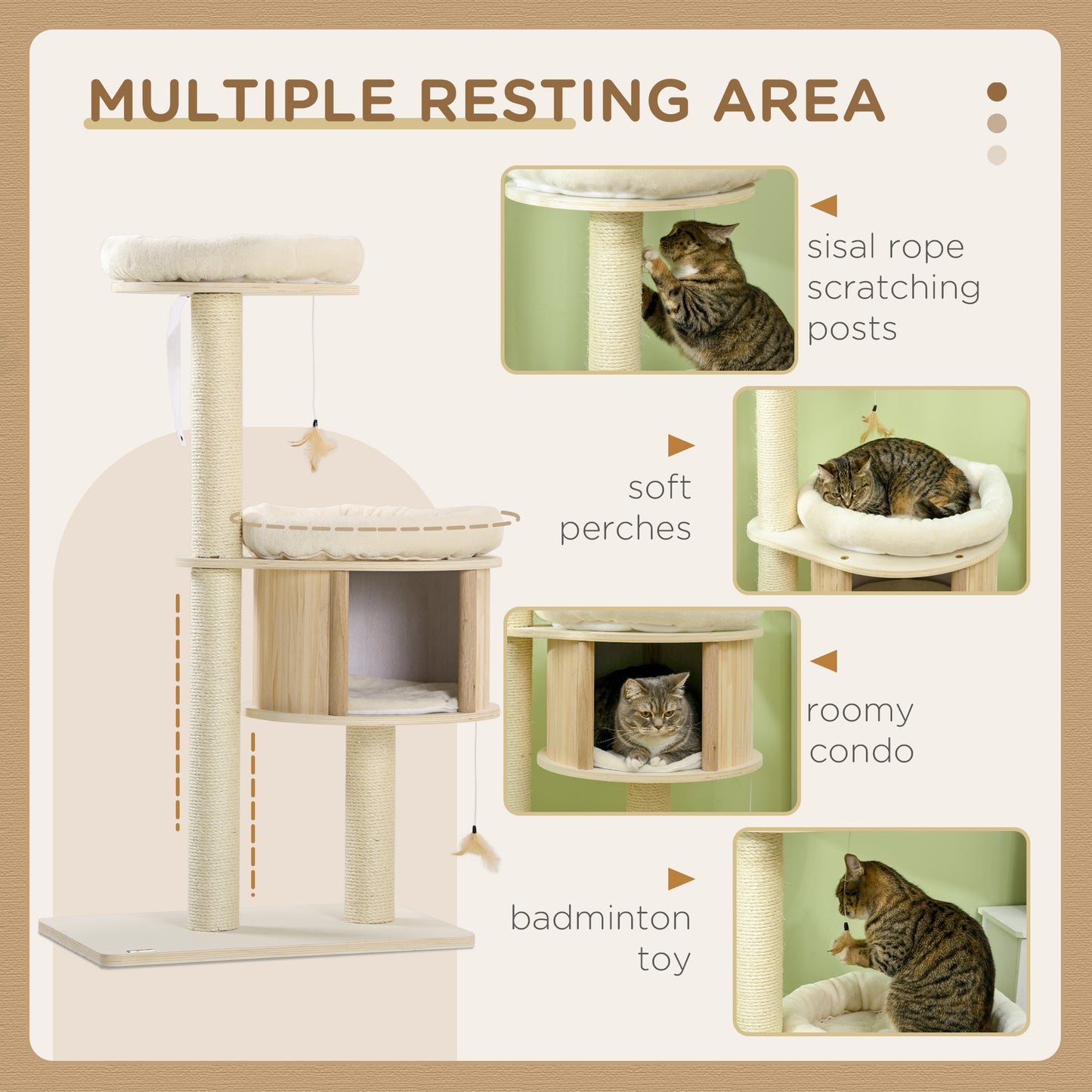 PawHut 3-Level Cat Tree with Sisal Scratching Posts, Fun Cat Badminton Toy for Playing, Soft Cushions, & Play Areas