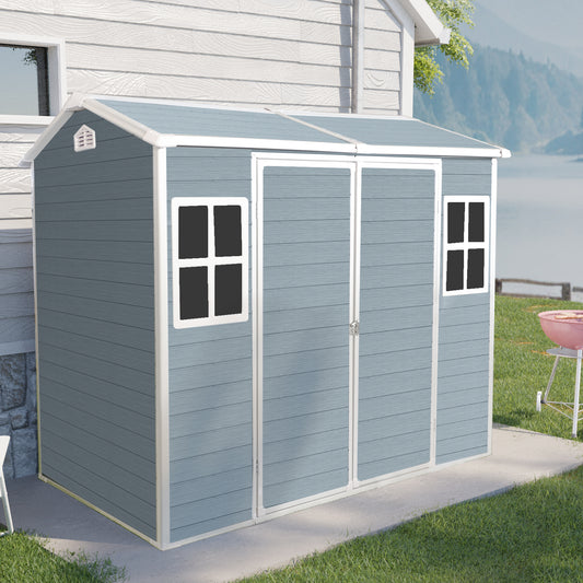 8x4ft Resin Outdoor Storage Shed with Two-Window and Double-Door,Plastic Shed with Floor for Gargen,Patio,Yard,Lawn,Grey