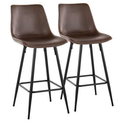 Durango 26" Industrial/Urban Fixed-Height Counter Stool in Black Metal and Espresso Faux Leather with Espresso Stitching and Square Black Metal Footrest by LumiSource - Set of 2