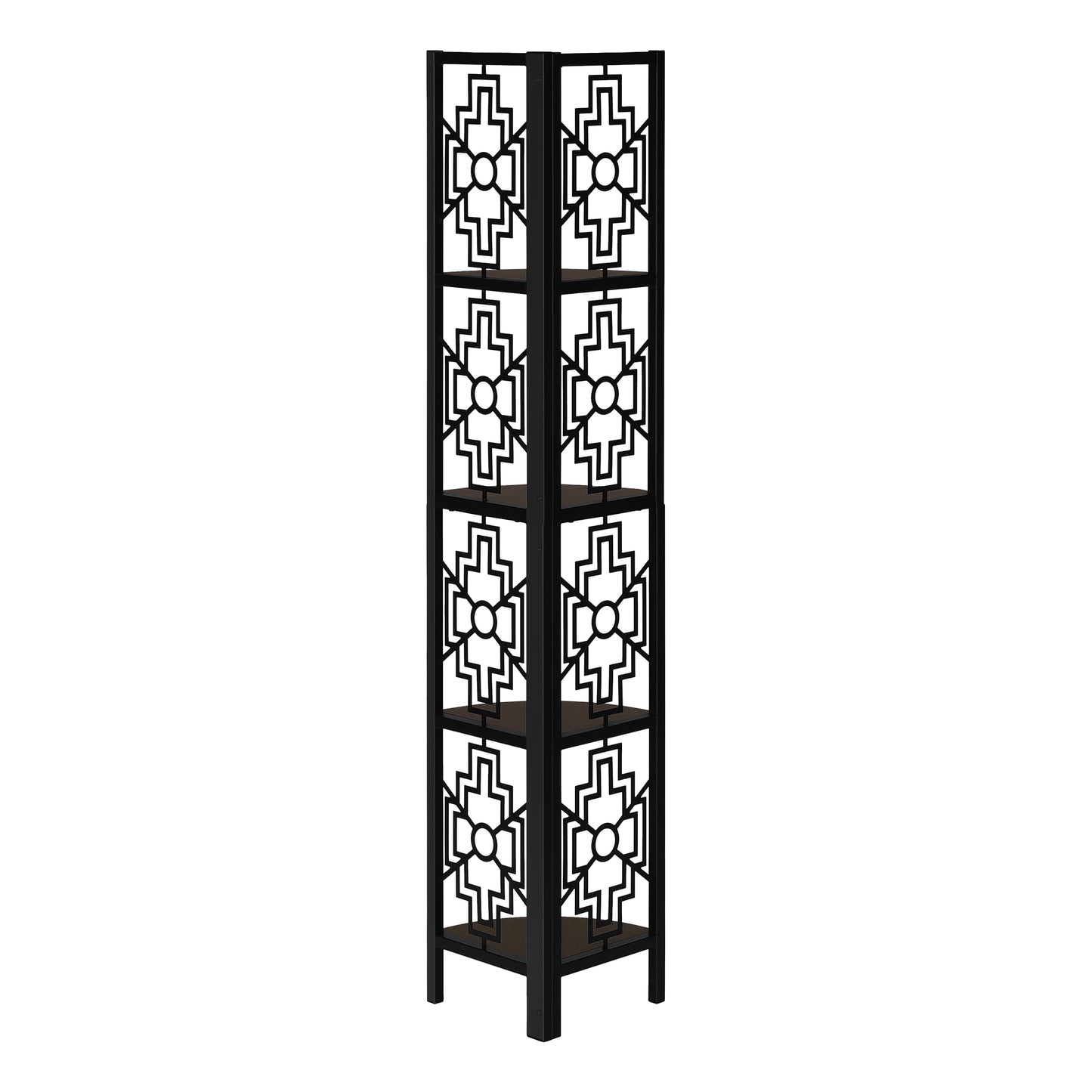 Bookshelf, Bookcase, Etagere, Corner, 4 Tier, 62"h, Office, Bedroom, Brown Laminate, Black Metal, Transitional
