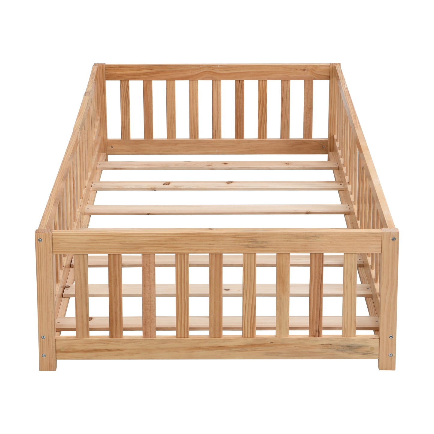 Queen Size Floor Bed with Door, Solid Wood Platform Bed Frame with Fence , Suitable for children , Pine Wood , Natural