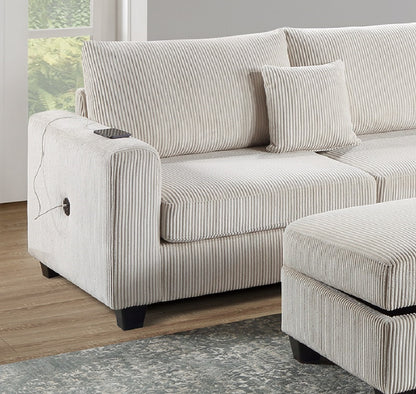 Ivory Color 3pc Sectional Set Corduroy Upholstered LAF Sofa RAF Chaise Ottoman L-Sectional Living Room Furniture