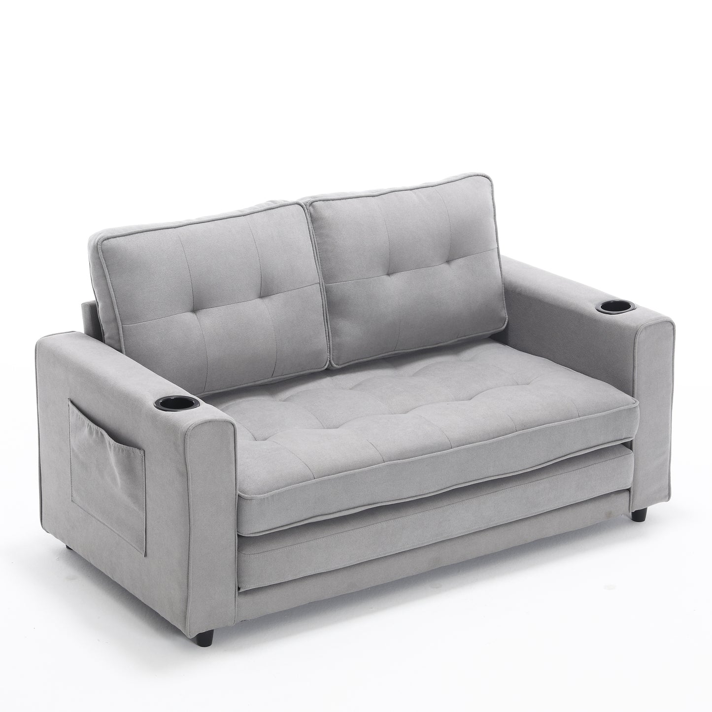 3-in-1 Upholstered Futon Sofa Convertible Sofa bed,Foldable Tufted Loveseat with Pull Out Sleeper Couch Bed,Folding Mattres Love Seat Daybed W/Side Pockets and Cup Holder, Light Gray