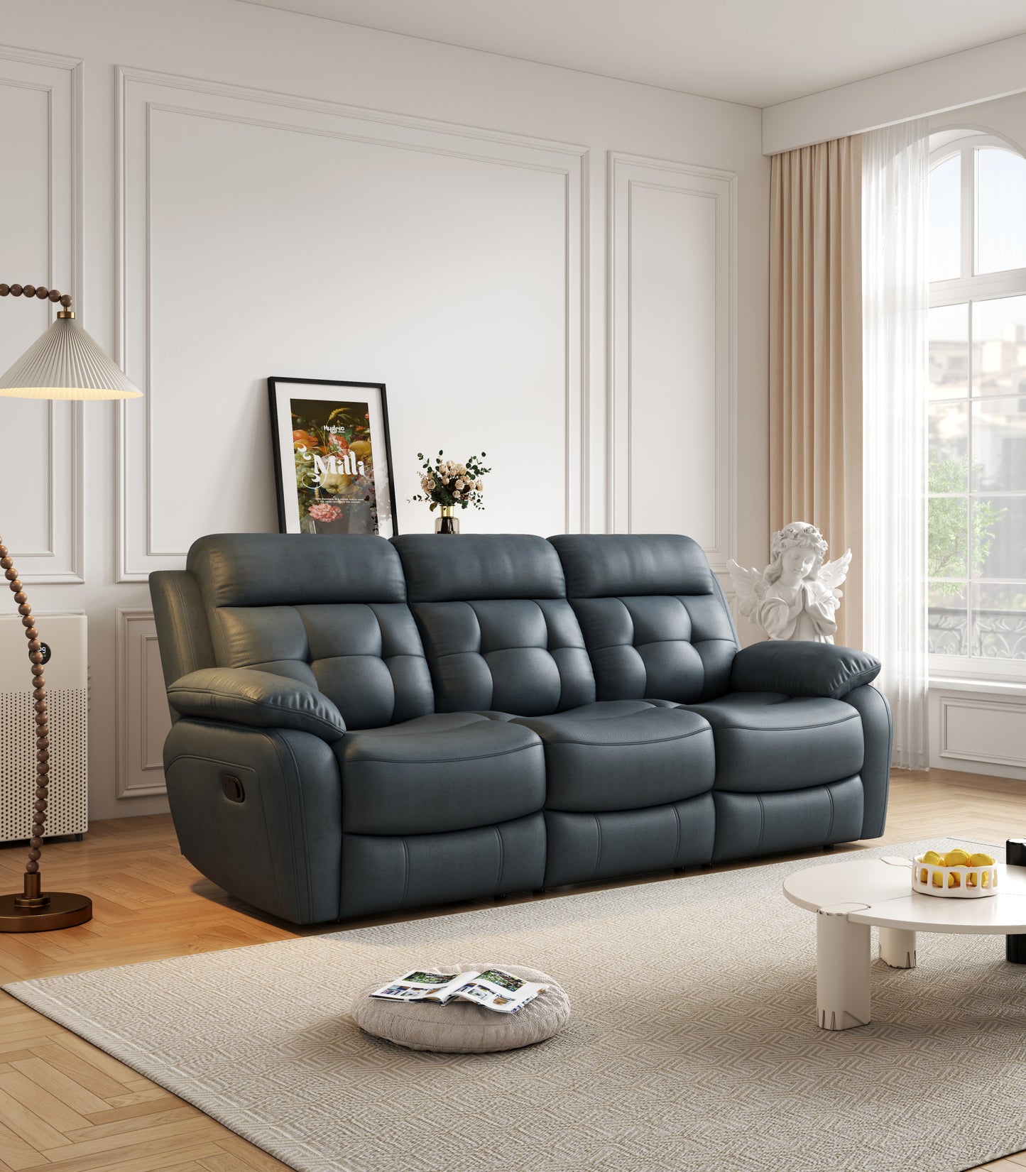 Genuine Leather Non-Power Reclining Sofa with Drop Down Table,Stainless Steel Cupholders and Magazine bag- Blue