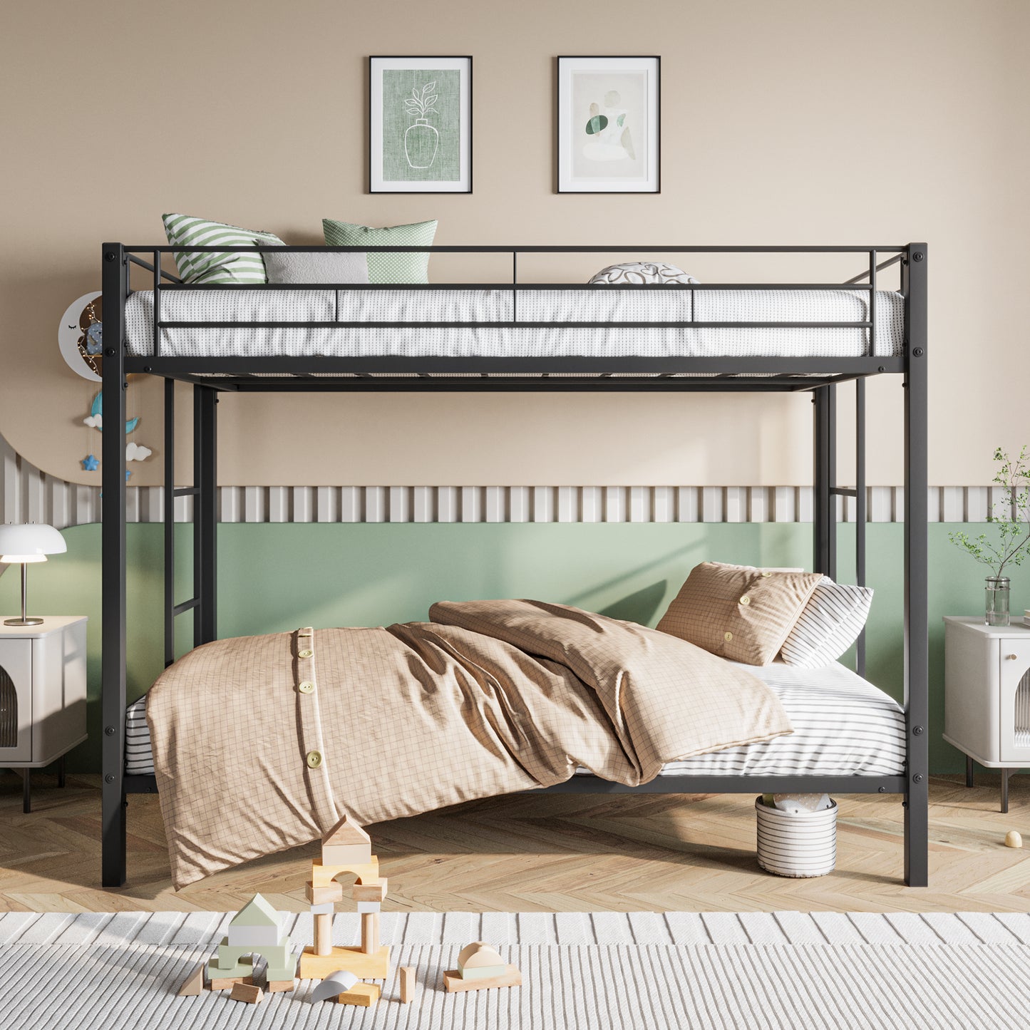 Metal Bunk Bed Twin Over Twin, Heavy Duty Twin Bunk Beds with shelf and Slatted Support No Box Spring Needed Black