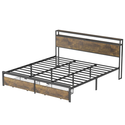 King Bed Frame with LED Lights and Charging Station - Robust Metal  Wood Construction, Rustic Wood Platform Bed Frame with 2 Drawers, No Box Spring Needed, Noise Free, Vintage Brown, Easy Assemble