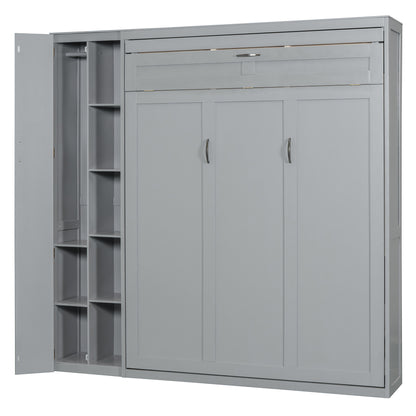 Queen Size Murphy Bed Wall Bed with Shelves, Wardrobe and LED Lights,Gray