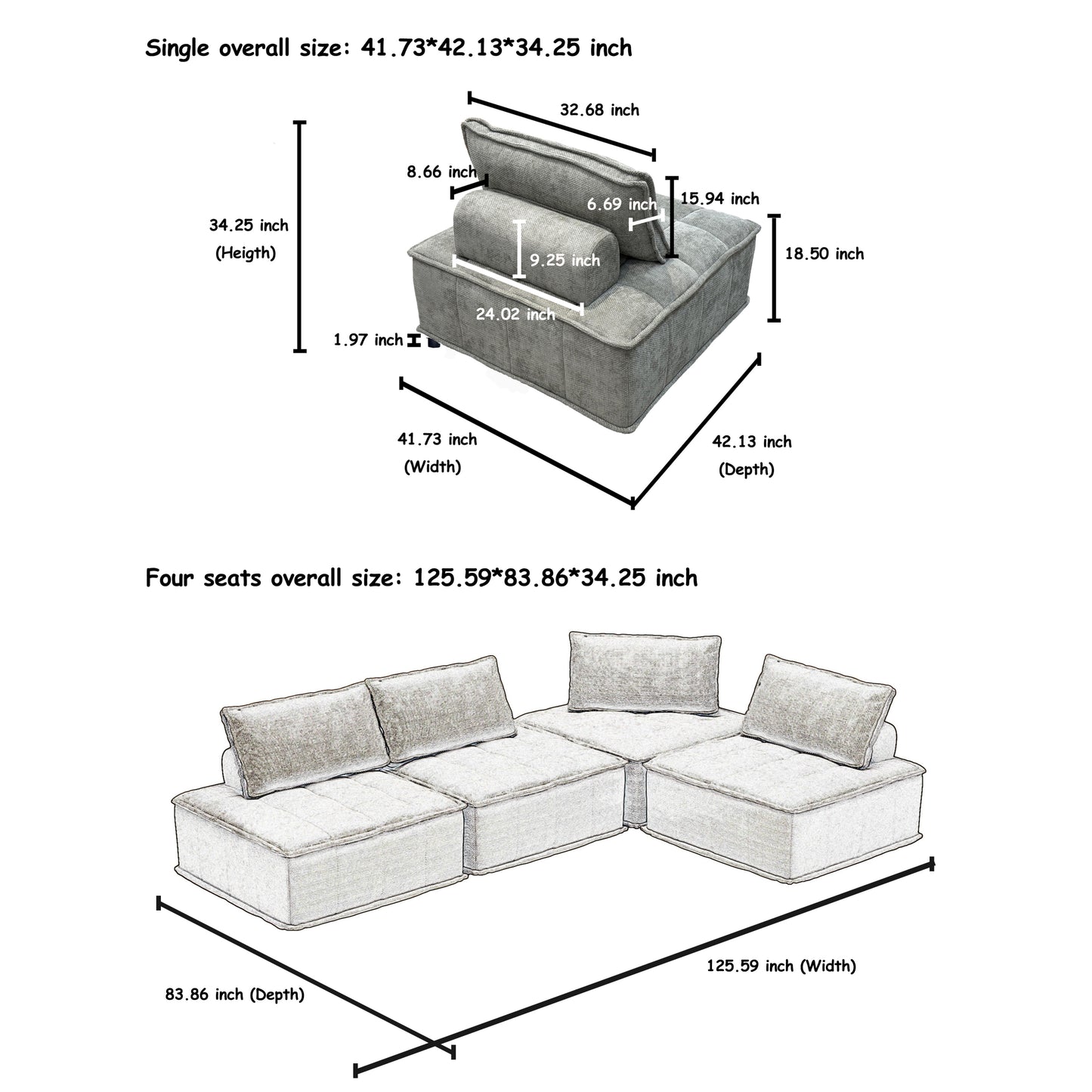 Modular 4-Piece Sofa with Adjustable and Removable Backrests for Ultimate Comfort Oversized sofa chenille light grey sofa