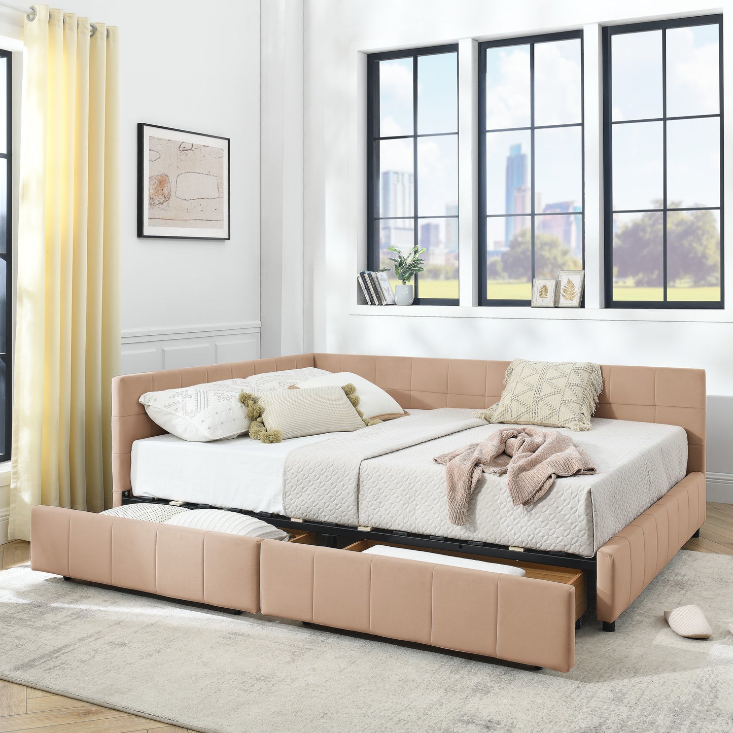 Queen Size Storage Upholstered Tufted Bed Frame, Sofa Bed Frame with Comfortable Backrest and Armrests, Queen Size Bed for Bedroom, Living Room,Velvet, PINK(85.5''*64.5''*29.5'')