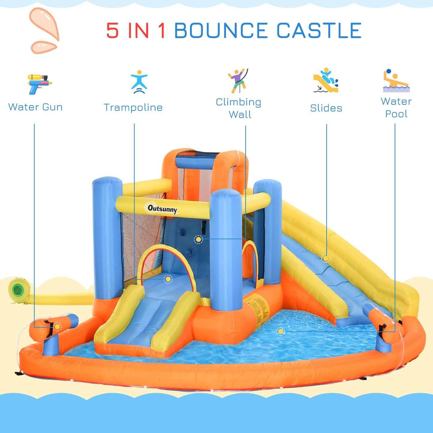 Outsunny Kids Inflatable Water Slide 5-in-1 Bounce House Water Park Jumping Castle with Water Pool, Slide, Climbing Walls, & 2 Water Cannons, 450W Air Blower