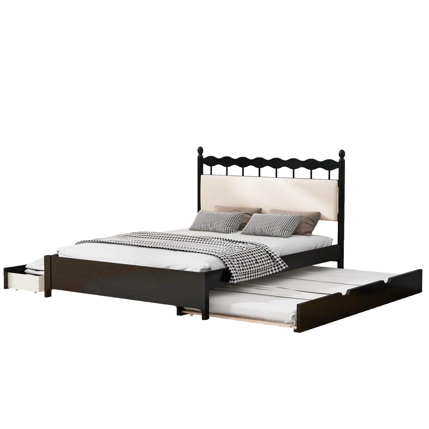 Queen Size Wooden Storage Platform Bed, with 2 Big Drawers, T Size Trundle ,Espresso