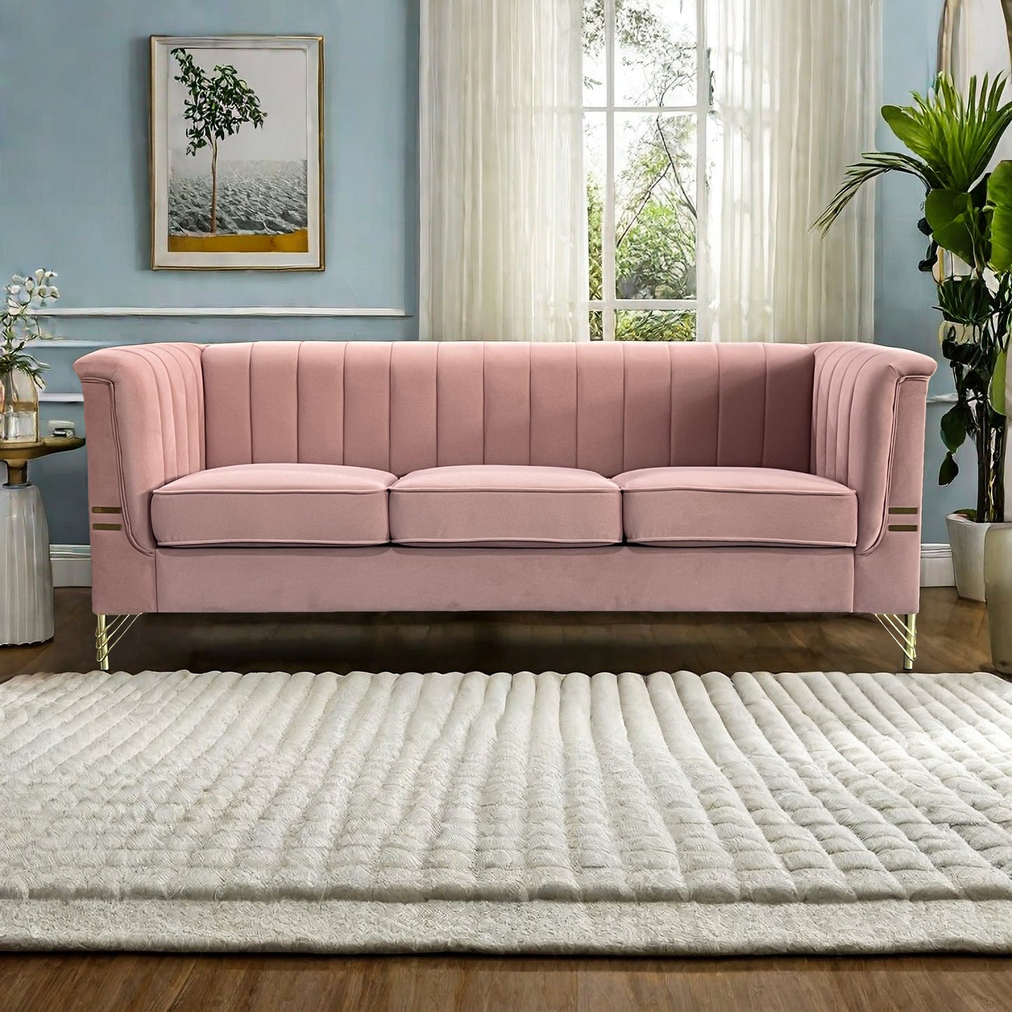 FX-P82-PK(SOFA)-Modern Designs Velvet Upholstered Living Room Sofa, 3 Seat Sofa Couch with  Golden Metal Legs for Home, Apartment or Office  Pink SOFA