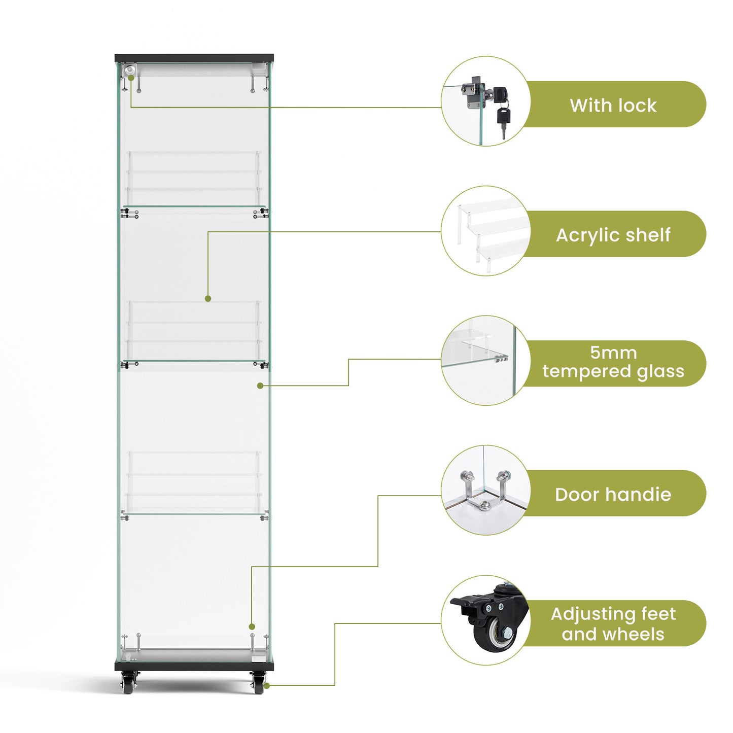 4 Tier Glass Display Cabinet, Single Door Glass Cabinet with Lock and Wheels, Floor Standing Storage Cabinet with 3 Acrylic Shelves for Living Room, Bedroom and Office, Black, 15.8"L x 14.2"W x 65.1"H
