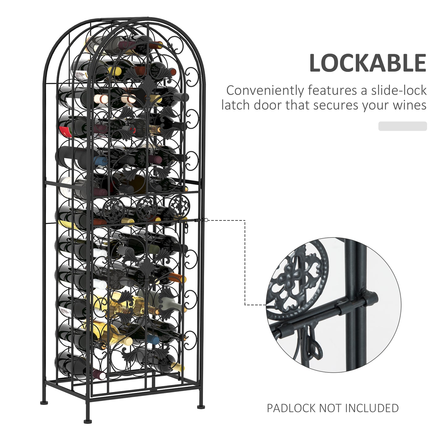 HOMCOM 45 Bottle Wrought Iron Wine Rack Jail with Lock - Black