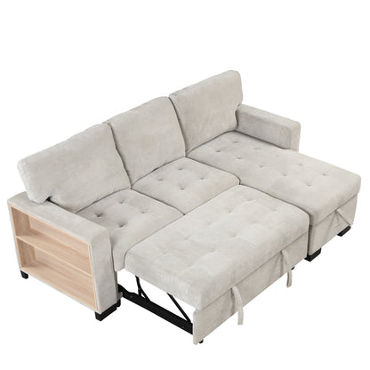 Stylish and Functional Light Chaise Lounge Sectional with Storage Rack Pull-out Bed Drop Down Table  and USB Charger Light Gray