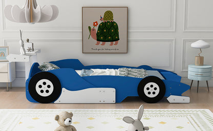 Twin Size Race Car-Shaped Platform Bed with Wheels,Blue