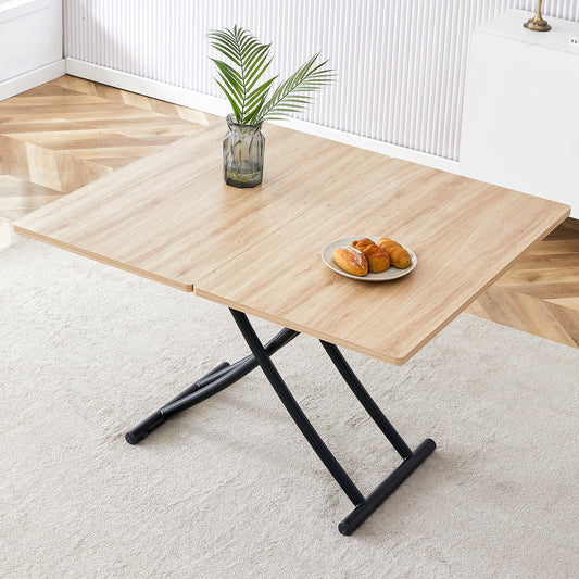 Modern minimalist multifunctional lift table with 0.8-inch MFC tabletop and black metal legs, can be used as dressing table, coffee table, dining table, and office desk.  LT-10055