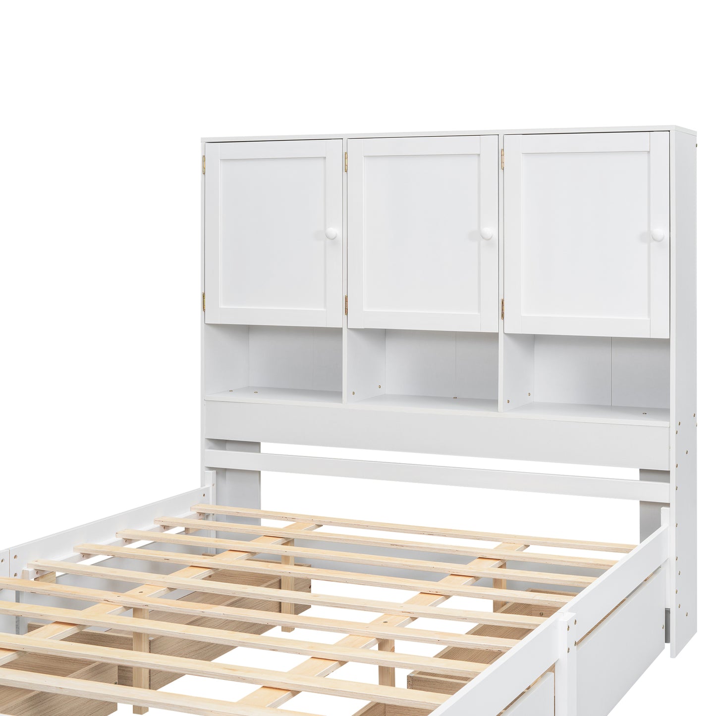 Queen Size Platform Bed with Storage Headboard and 4 Drawers, White