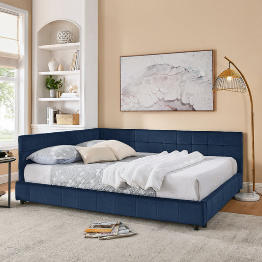 Queen Size Upholstered Tufted Bed Frame, Sofa Bed Frame with Comfortable Backrest and Armrests, Queen Size Bed for Bedroom, Living Room,Velvet, DARK BLUE(85.5''*64.5''*30.5'')