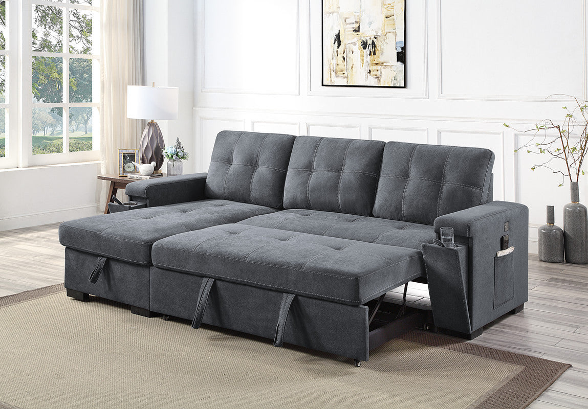 Toby 95" Gray Woven Fabric Reversible Sleeper Sectional Sofa with Storage Chaise Cup Holder Charging Ports and Pockets