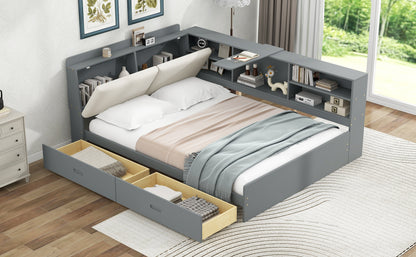 Wood Full Size platform bed with Storage Headboard, Shelves and 2 Drawers, Gray