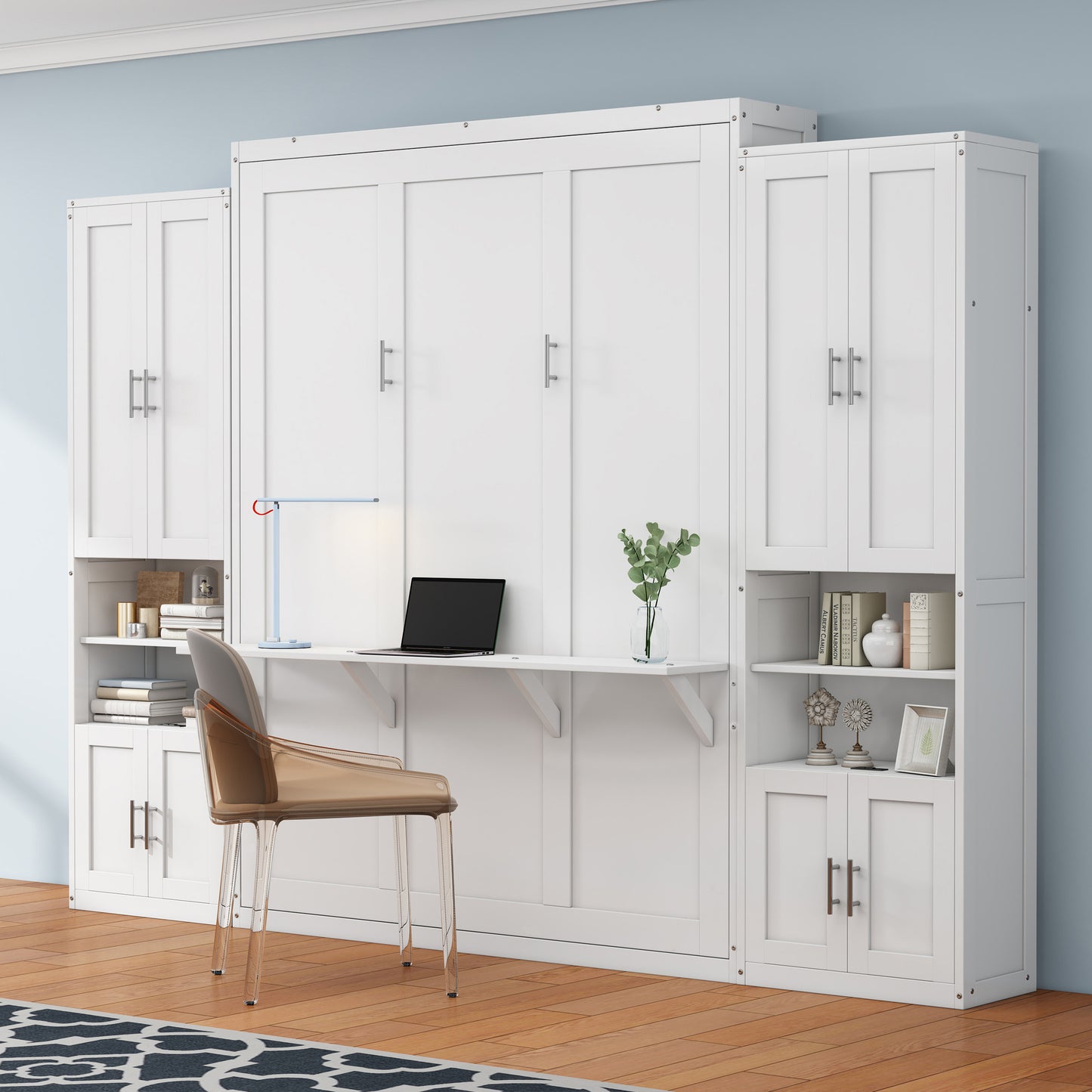 Queen Size Murphy Bed with 2 Side Cabinet Storage Shelves, 68-inch Cabinet Bed Folding Wall Bed with Desk Combo Perfect for Guest Room, Study, Office,White(old sku:BS400192AAC)