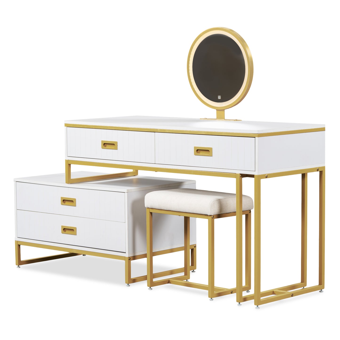 GO Modern Style Vanity Table With Movable Side Cabinet And 4-Drawers, Large Size Dressing Table With Mirror and 3-colors LED Light, Makeup Table With Stool, White, Golden Legs