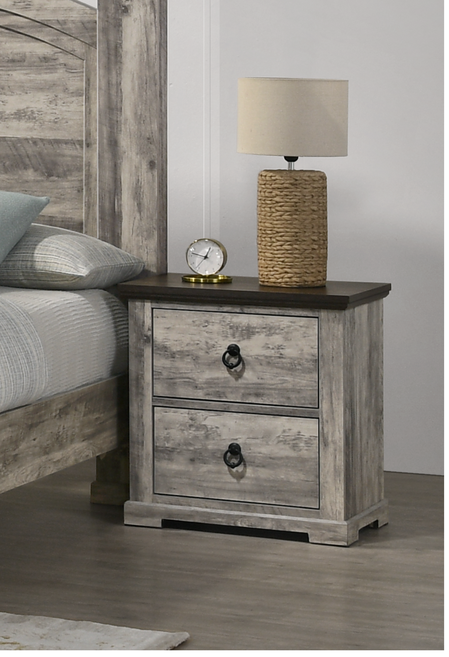 1pc Contemporary Rustic Gray Two-Tone Finish Two Drawers Nightstand Metal Pull Knobs Wooden Bedroom Furniture