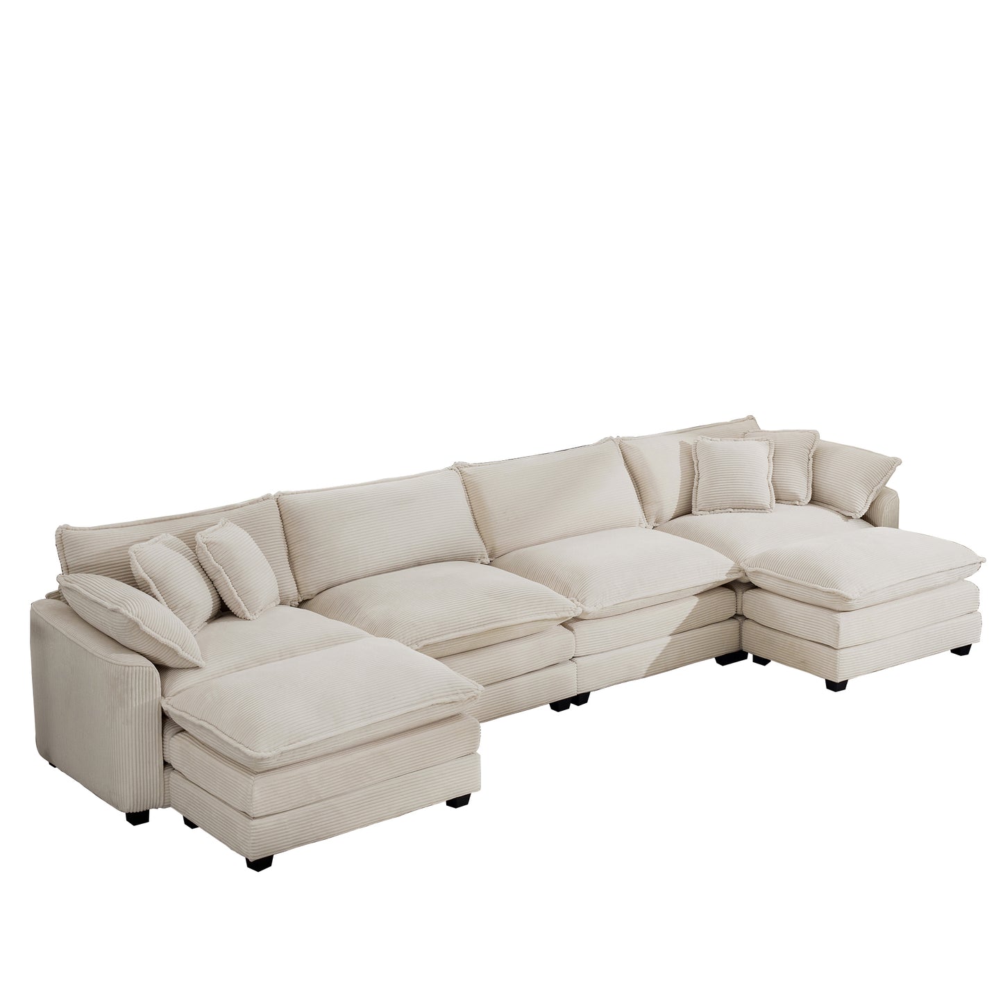 Cloud-like Comfy Soft Upholstered 4 Seater Modular Sofa with Ottomans in Light Beige Corduroy Fabric