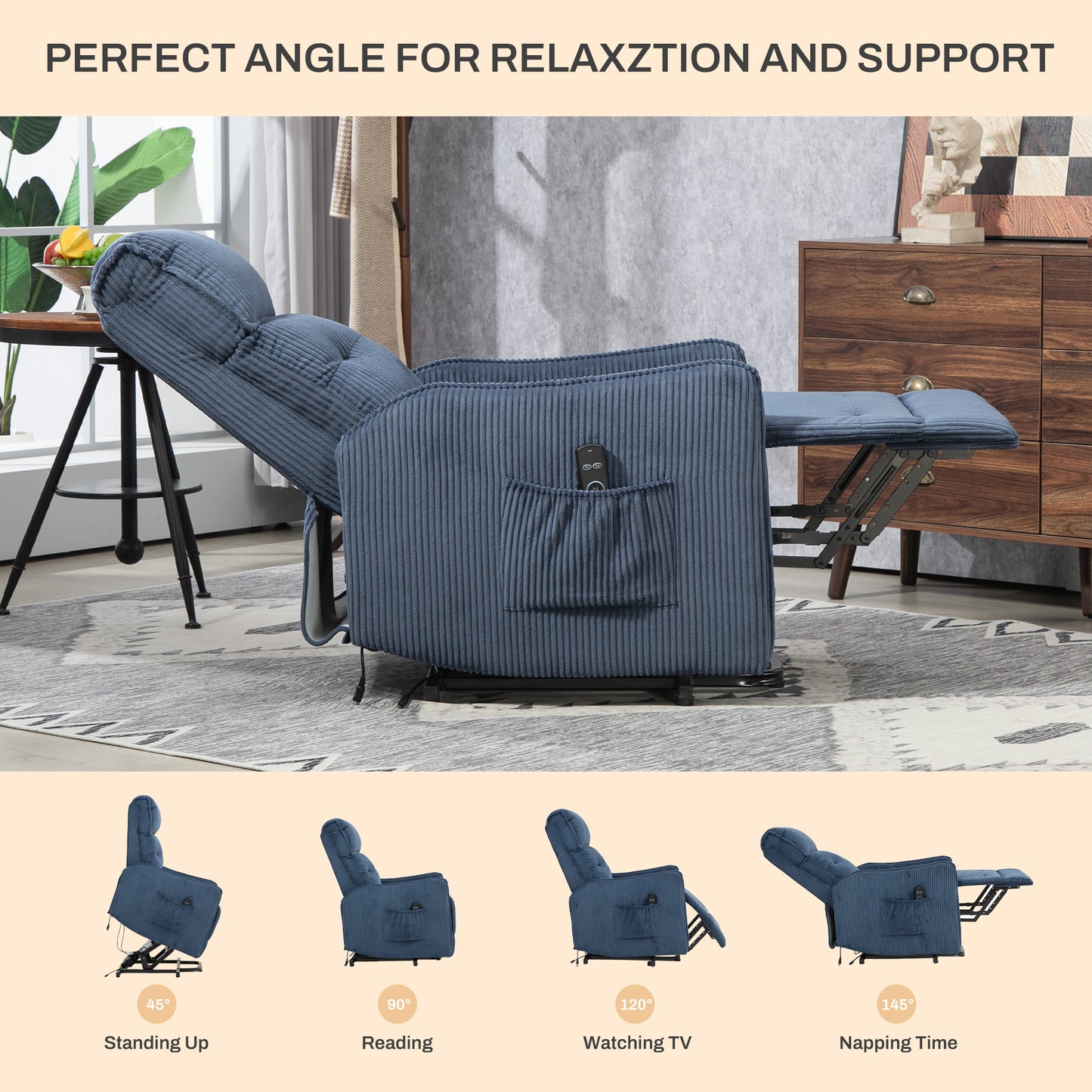 COOLMORE Recliner Chair, Electric Recliner Chairs for Adults, Side Pocket Power Reclining Chair Pocket Springs Seat Cushion, Corduroy Fabric Recliner Sofa for Living Room, Bedroom, Home Theater (Navy)