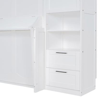 Queen Size Murphy Bed Wall Bed with Closet ,Drawers and Shelves,White