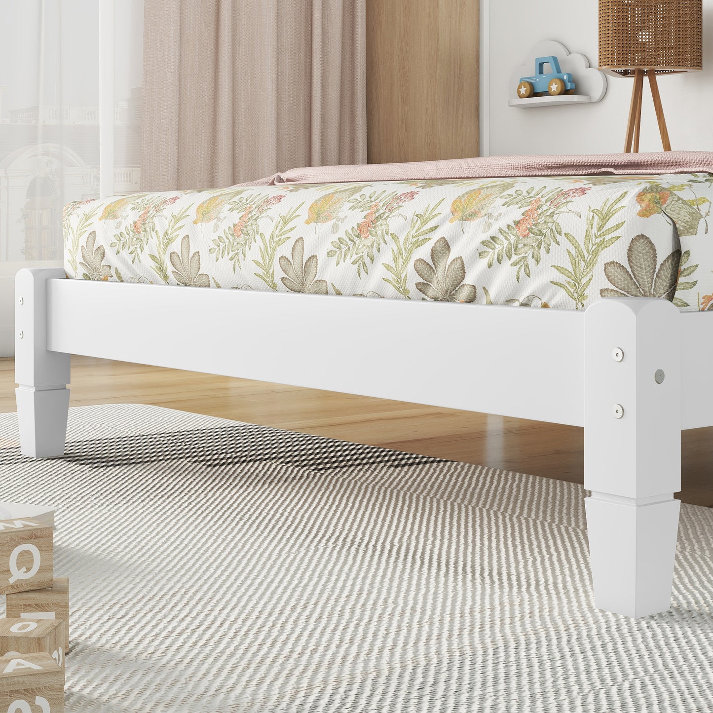 Twin Bed with Button-Decoration Headboard, with Bed Slats,White