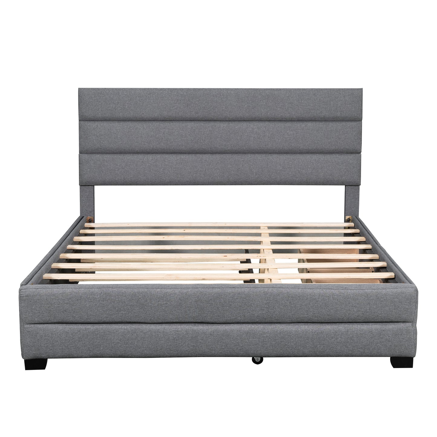 Queen Upholstered Platform Bed with Twin Size Trundle and Two Drawers,Grey