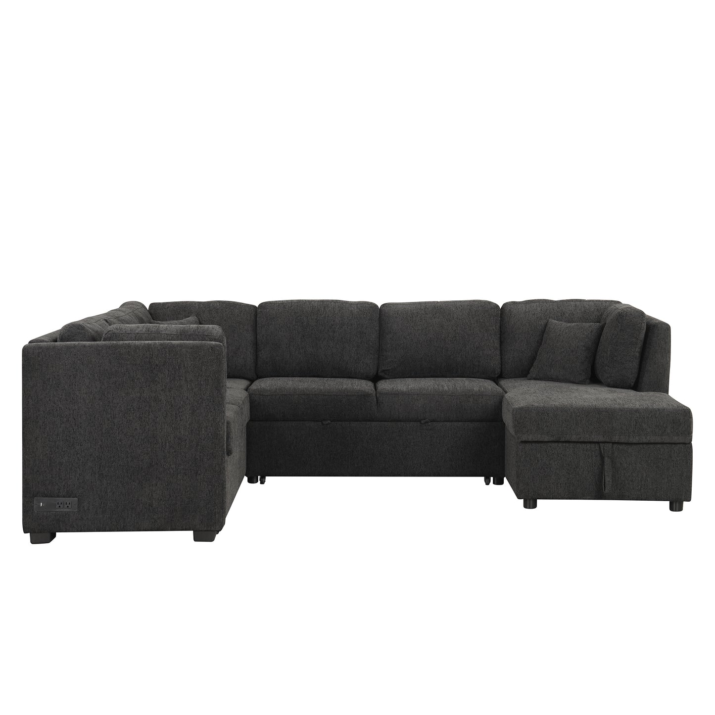 108.6" U-shaped Sectional Sofa Pull out Sofa Bed with Two USB Ports, Two Power Sockets, Three Back Pillows and a Storage Chaise for Living Room, Black