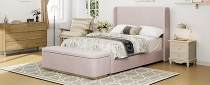 King Size Corduroy Upholstered Bed Frame with 130L Storage Ottoman, and Vertical Stripe Wingback Headboard and High Footboard, Pink