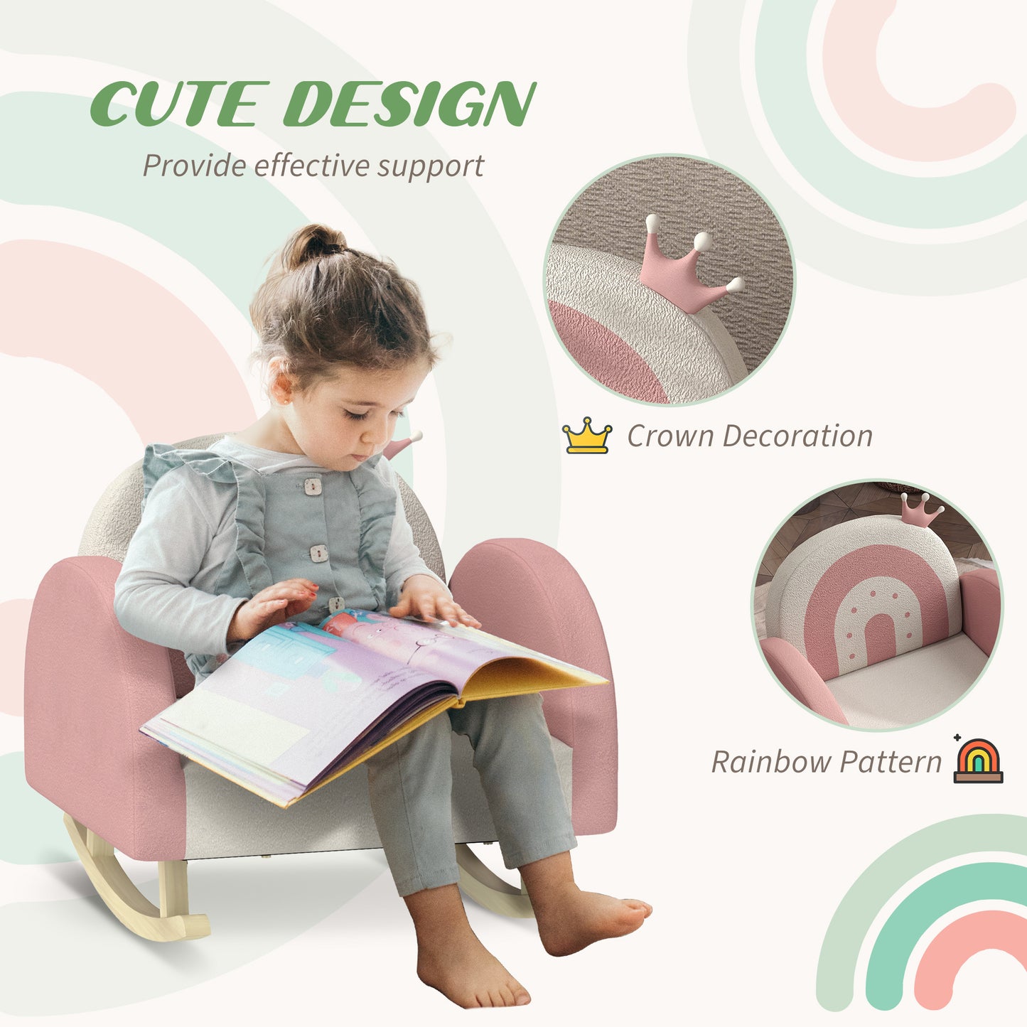 Qaba Kids Rocking Chair, Princess Crown Toddler Chair, Children's Armchair Rocker with Rainbow Backrest for Bedroom, Playroom, Pink