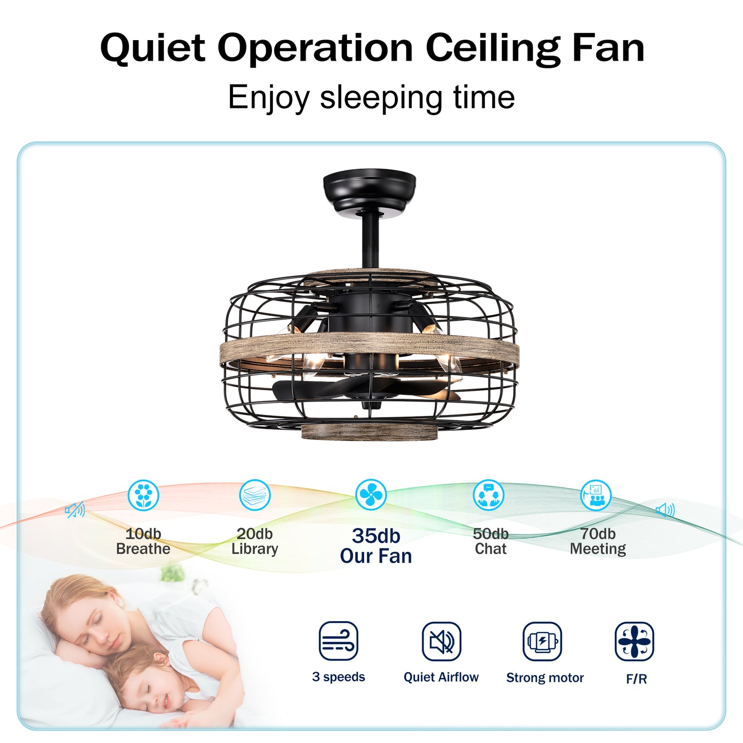 18'' Farmhouse Ceiling Fans  Light - Caged Ceiling Fan with Remote Control (3-Speeds Adjustable), Wood Rustic Enclosed Reversible Ceiling Fans for Bedroom , Living Room, Kitchen.