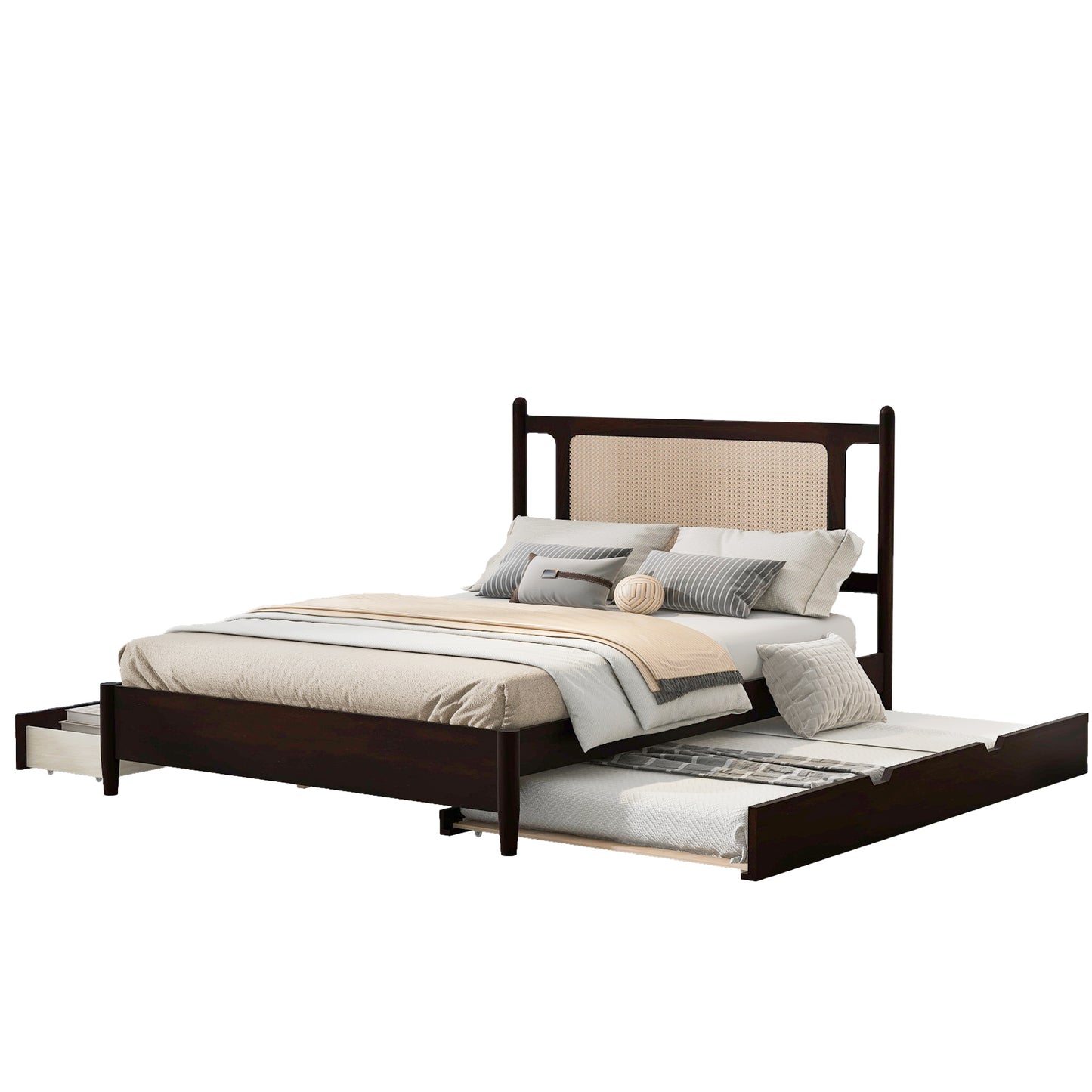 Queen Size Wooden Rattan Platform Bed, with 2 Big Drawers, T Size Trundle, Espresso