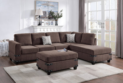 Living Room Furniture Chocolate Chenille Sectional w Ottoman Linen Like Fabric Sofa Reversible L/R Chaise Ottoman 3pc Sectional Sofa