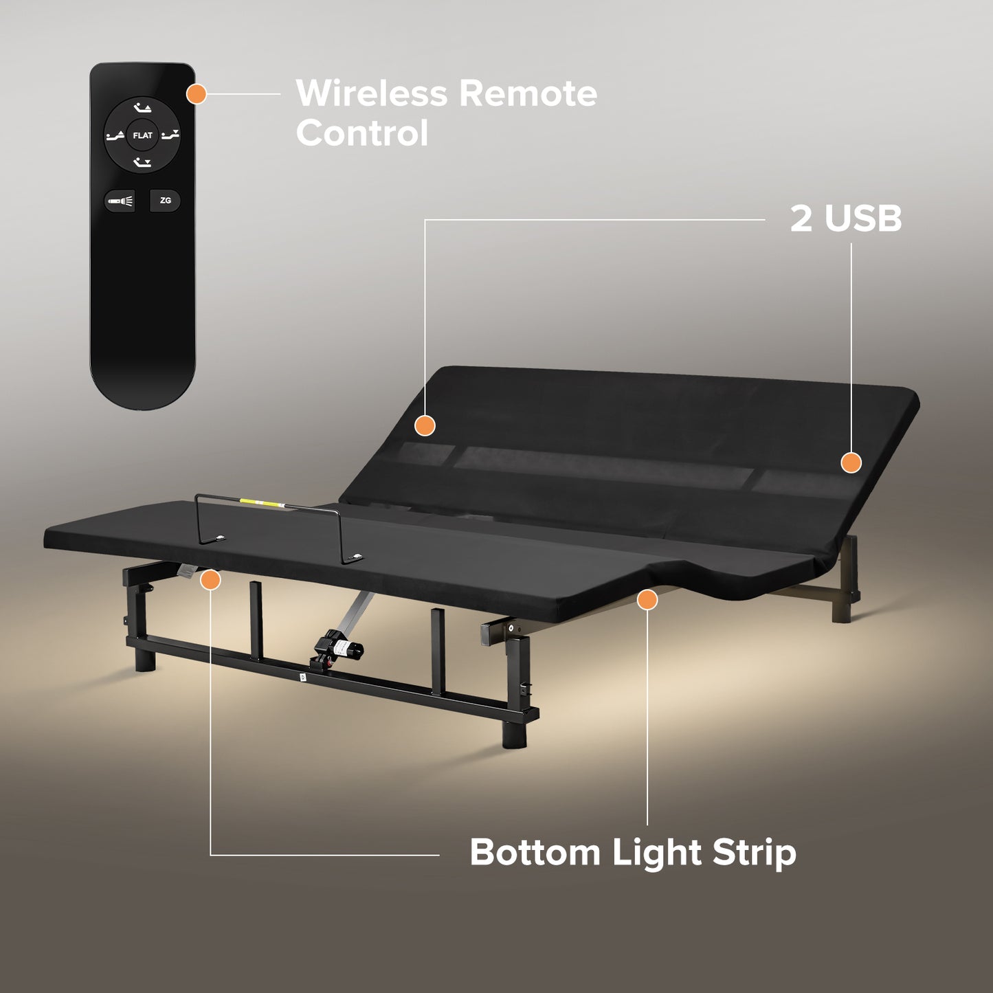 Adjustable Bed Base Frame Head and Foot Incline Quiet Motor King Size Zero Gravity, 4 Ports USB, Under-Bed Nightlight