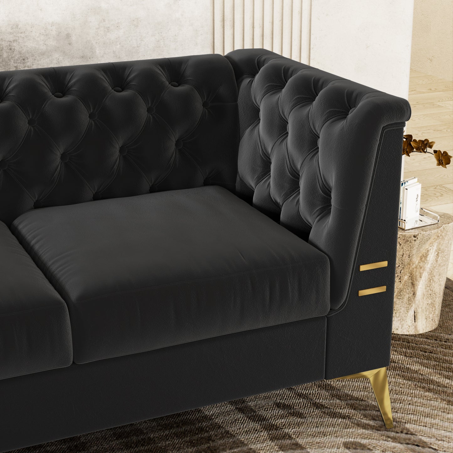 FX-P83-BK2(SOFA) Luxurious Black Velvet Sofa with Gold Legs - Modern Chesterfield Design, Tufted Upholstery, 3-Seat Couch for Living Room and Office