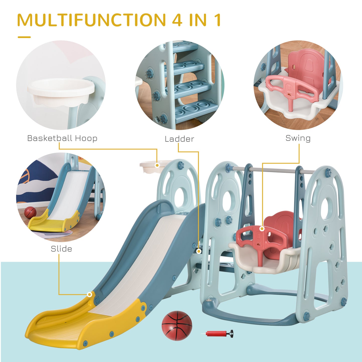 4 in 1 Toddler Slide and Swing Set with Adjustable Seat Height and Basketball Hoop, Freestanding Kids Climber Slide Playset with Basket Ball for Indoor Outdoor Playground Aged 18-60 months