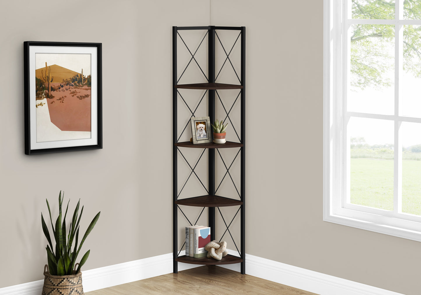 Bookshelf, Bookcase, Etagere, Corner, 4 Tier, 60"h, Office, Bedroom, Brown Laminate, Black Metal, Contemporary, Modern