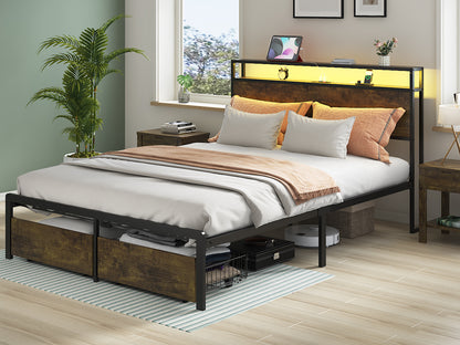 Queen Bed Frame with LED Lights and Charging Station - Robust Metal  Wood Construction, Rustic Wood Platform Bed Frame with 2 Drawers, No Box Spring Needed, Noise Free, Vintage Brown, Easy Assemble