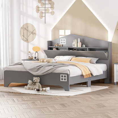 Wooden Full Size House Bed with Storage Headboard ,Kids Bed with Storage Shelf,Grey