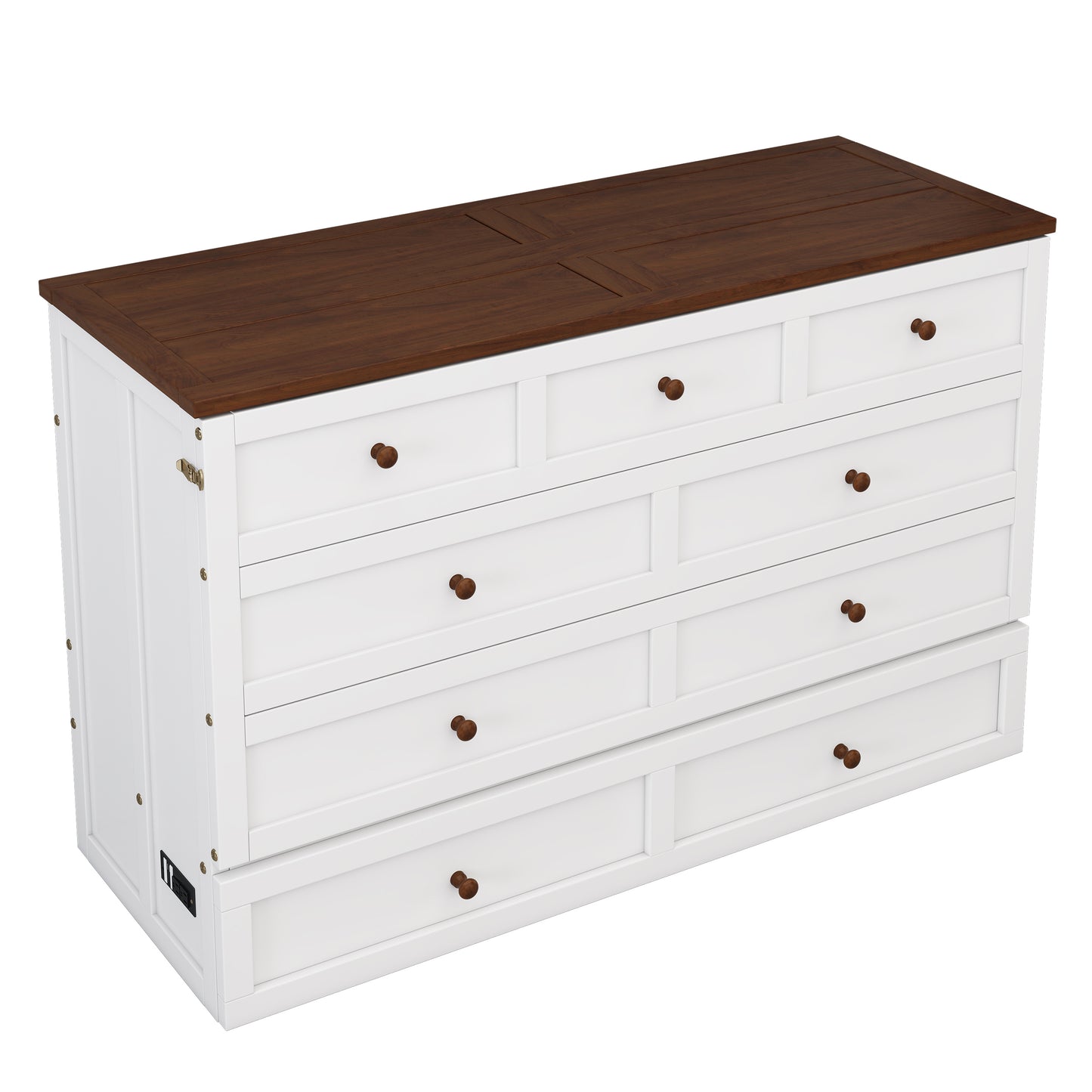 Solid Pine Murphy Bed Chest with Charging Station and Large Storage Drawer for Home Office or Small Room , Full, White+Walnut